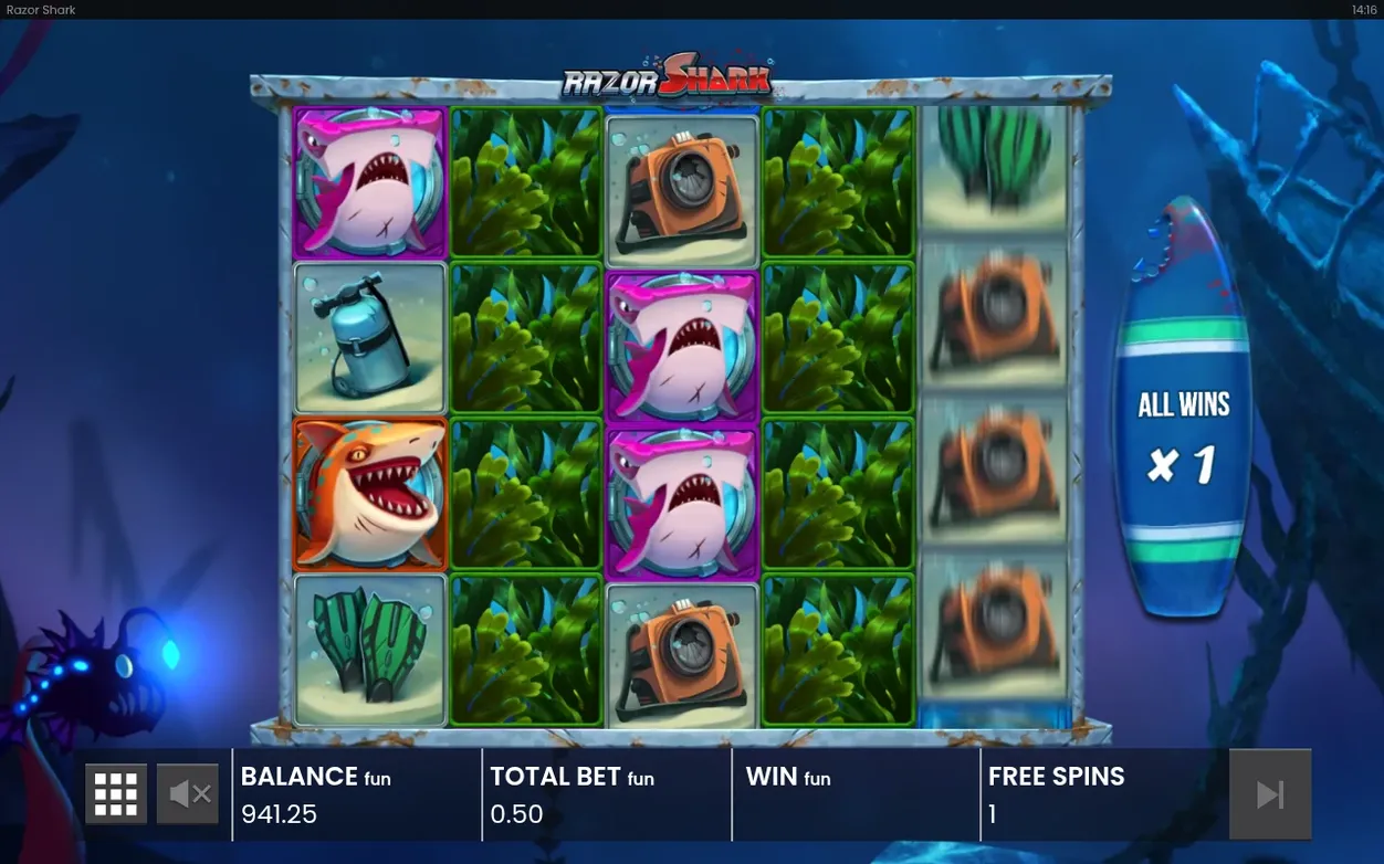 Freispielrunde: Multiplikator ALL WINS x1, Free Spins 1, Walzen 2 und 4 vollständig mit grünen Mystery-Stacks belegt.