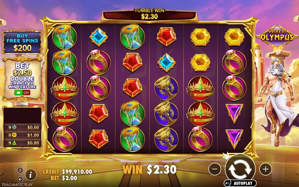 Tumble-Gewinn $2.30 über Walzen mit Edelsteinen und Kronen, Buy Free Spins für $200 im Panel.