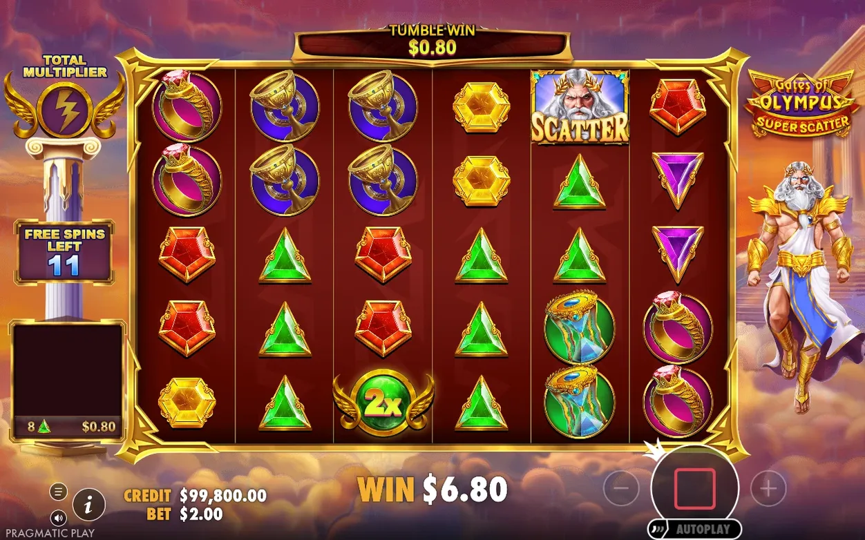 Freispielrunde: Tumble-Gewinn $0,80, Scatter-Symbol sichtbar, 2x-Multiplikator, 11 Freispiele übrig.