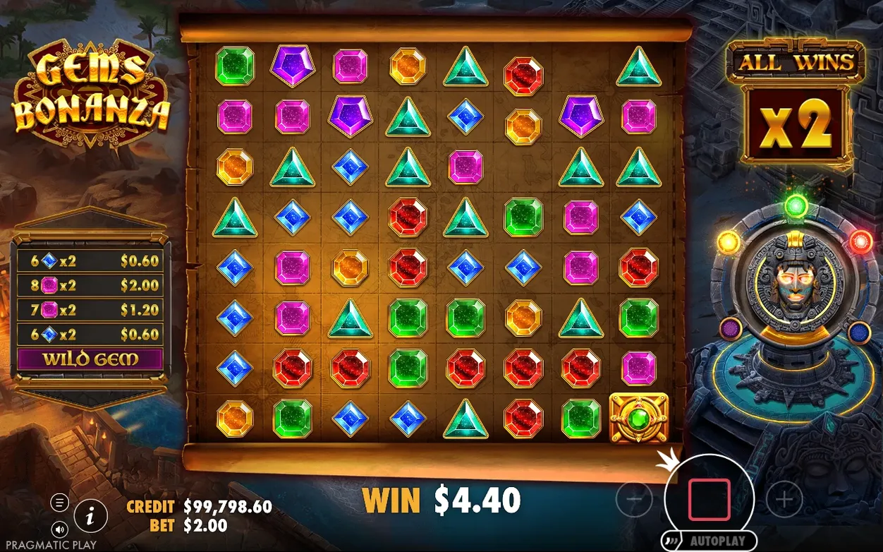 Rastergitter mit markiertem Gold-Medaillon unten rechts, Gewinn 4,40 $, Multiplikator x2 oben rechts