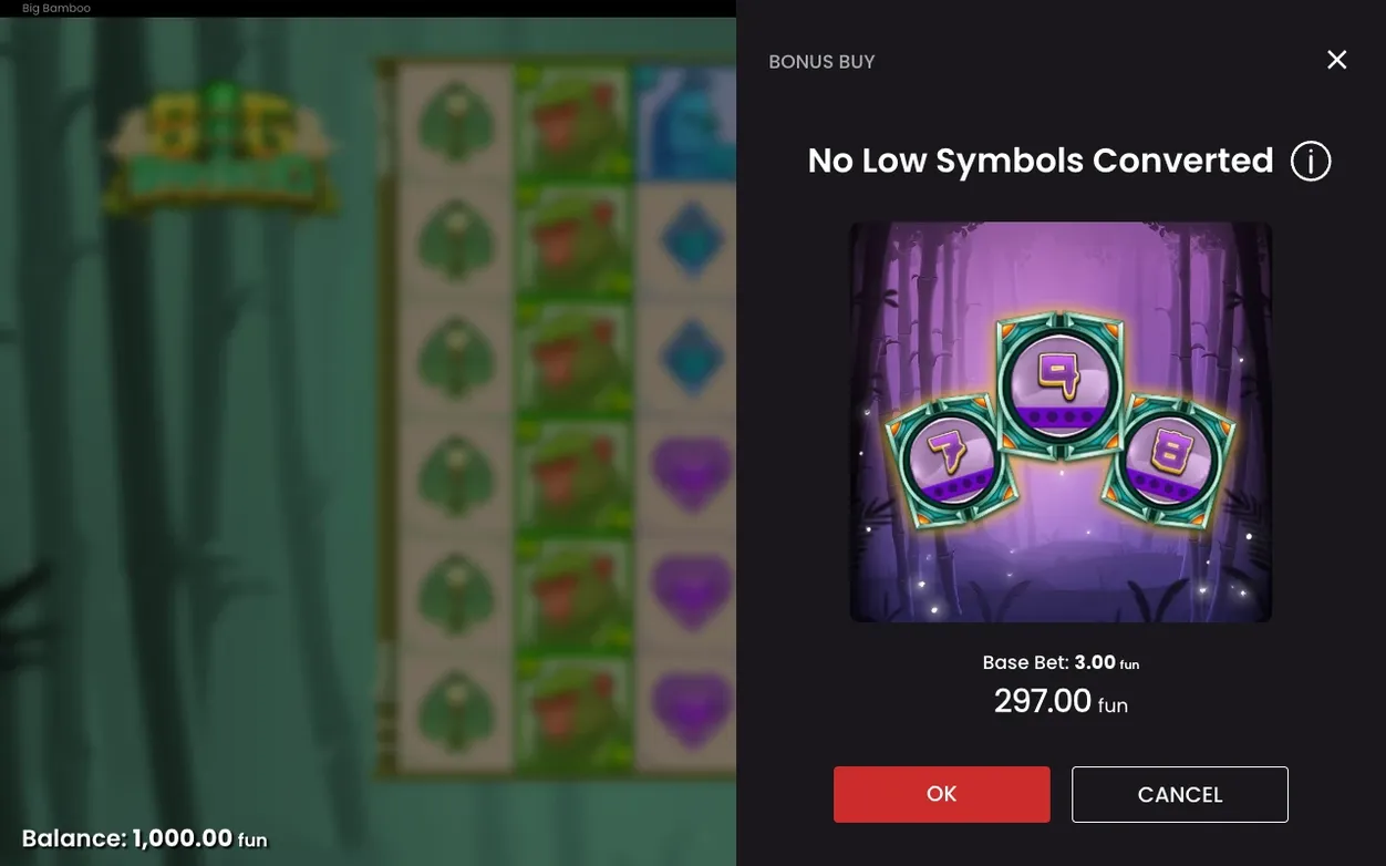 Bonus-Buy-Popup 'No Low Symbols Converted' zeigt drei Orbs (7, 9, 8) und Preis 297.00 fun.