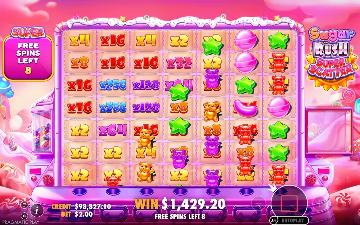 Freispiel-Raster voller Multiplikator-Felder bis x256, 8 Super-Freispiele übrig, Gewinn 1.429,20 $
