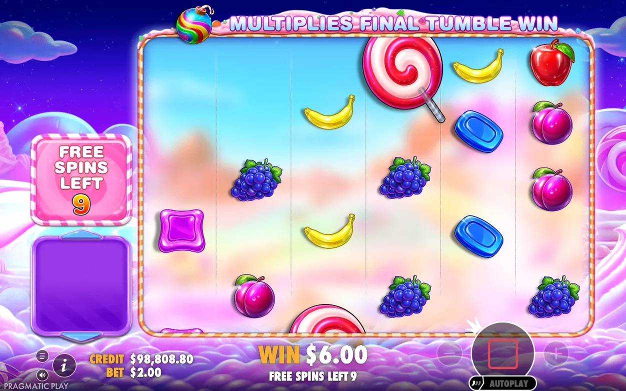 Freispielrunde: Symbole fallen über dem Gitter, Banner „Multiplies Final Tumble Win“, 9 Freispiele übrig, Gewinn 6,00 $.