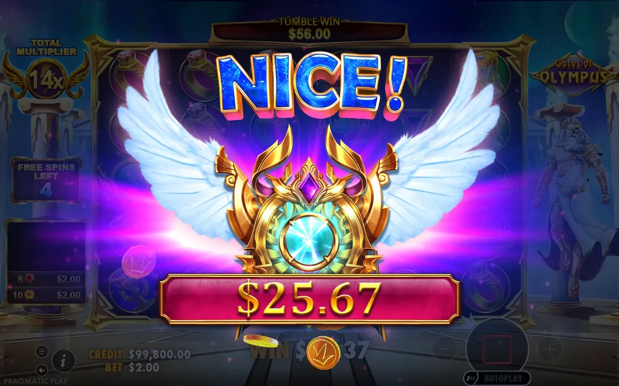 NICE!-Anzeige mit goldenem Flügelemblem, Gesamtmultiplikator 14x, 4 Freispiele übrig, Gewinn $25.67.