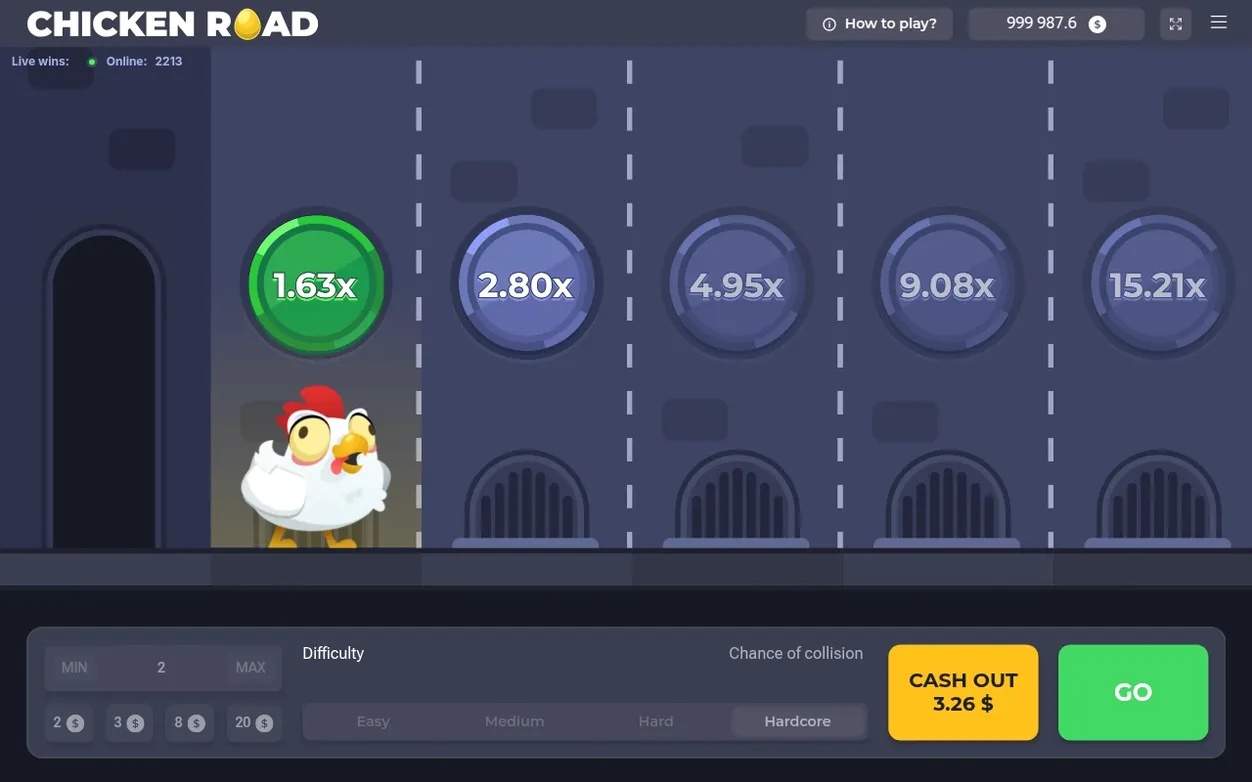 Hardcore-Runde läuft: Huhn auf Spur 1 mit grünem 1.63x-Bubble, Cash-Out zeigt 3.26 $, GO-Button bereit.