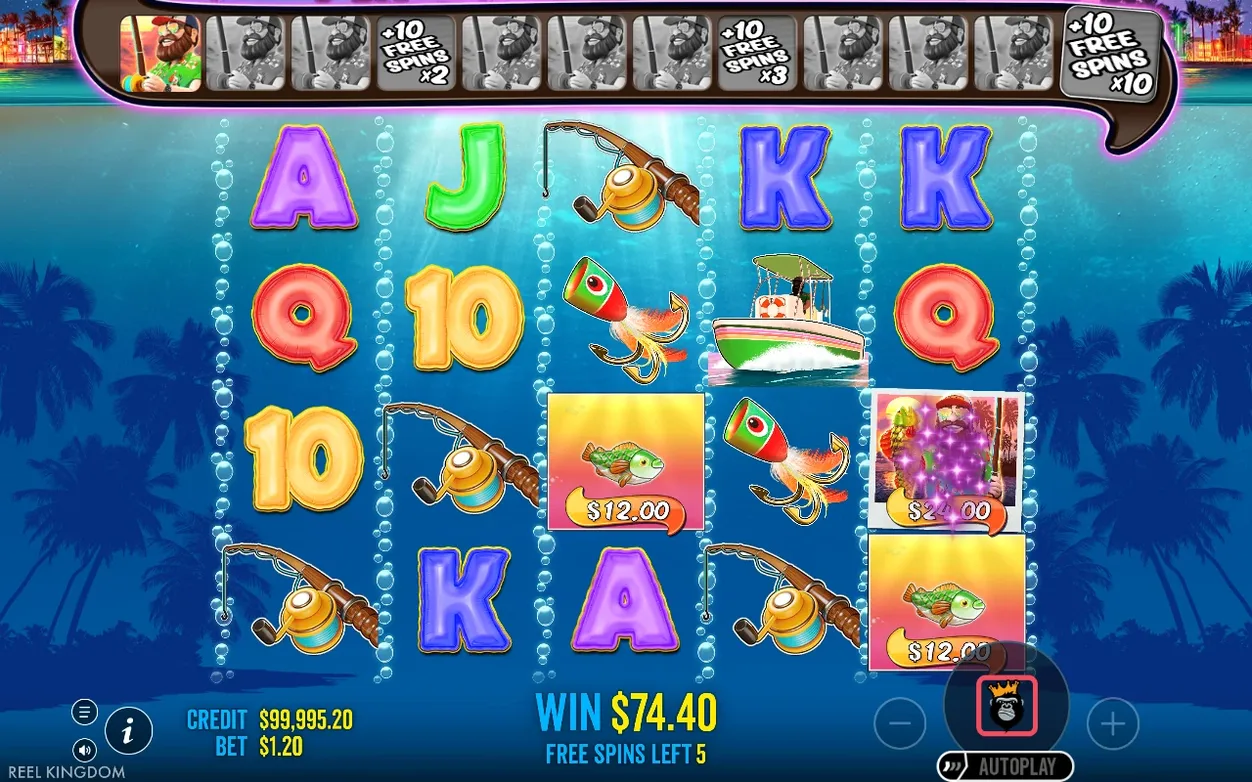 Freispielrunde: WILD-Tracker oben, Fisherman-Wild sammelt $24.00-Fisch ein, Gewinn $74.40, 5 Freispiele übrig