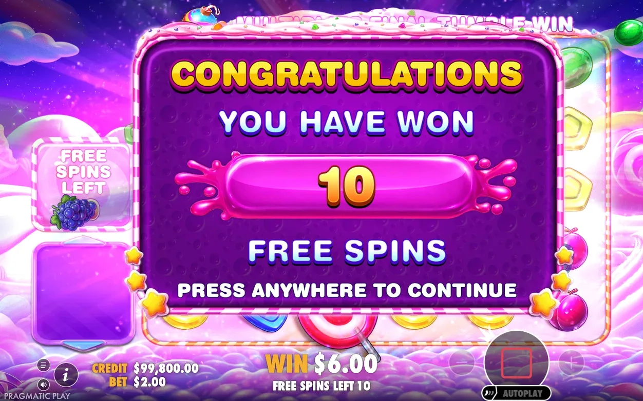 Freispiel-Auslöser: Popup „Congratulations You Have Won 10 Free Spins“, Gewinn 6,00 $, Guthaben 99.800,00 $.