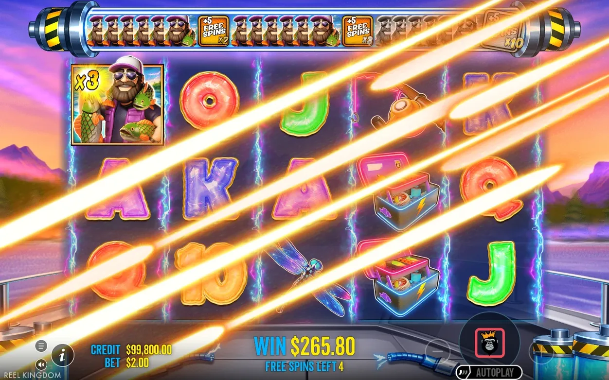 Free Spins mit x3-Fisherman-Wild, Blitzstrahlen über die Walzen, Gewinn $265.80, 4 Freispiele übrig.