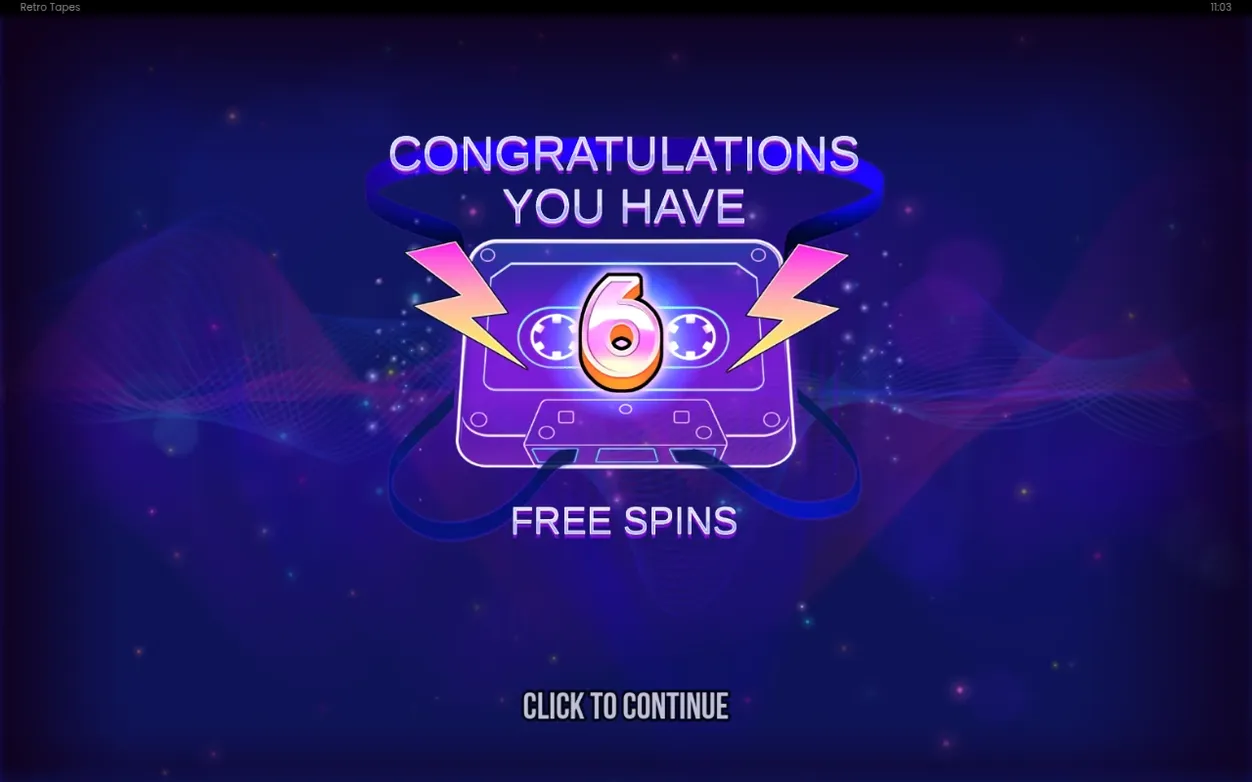 Freispiel-Ankündigung: Kassettengrafik zeigt 6 Freispiele, darunter Schriftzug Free Spins.