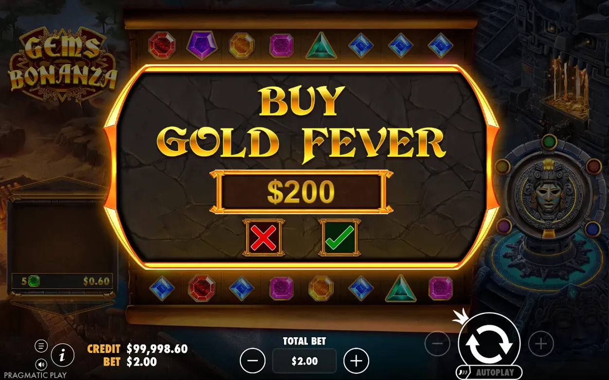 Bestätigungsdialog BUY GOLD FEVER für 200 $ mit rotem Abbrechen- und grünem Bestätigen-Symbol