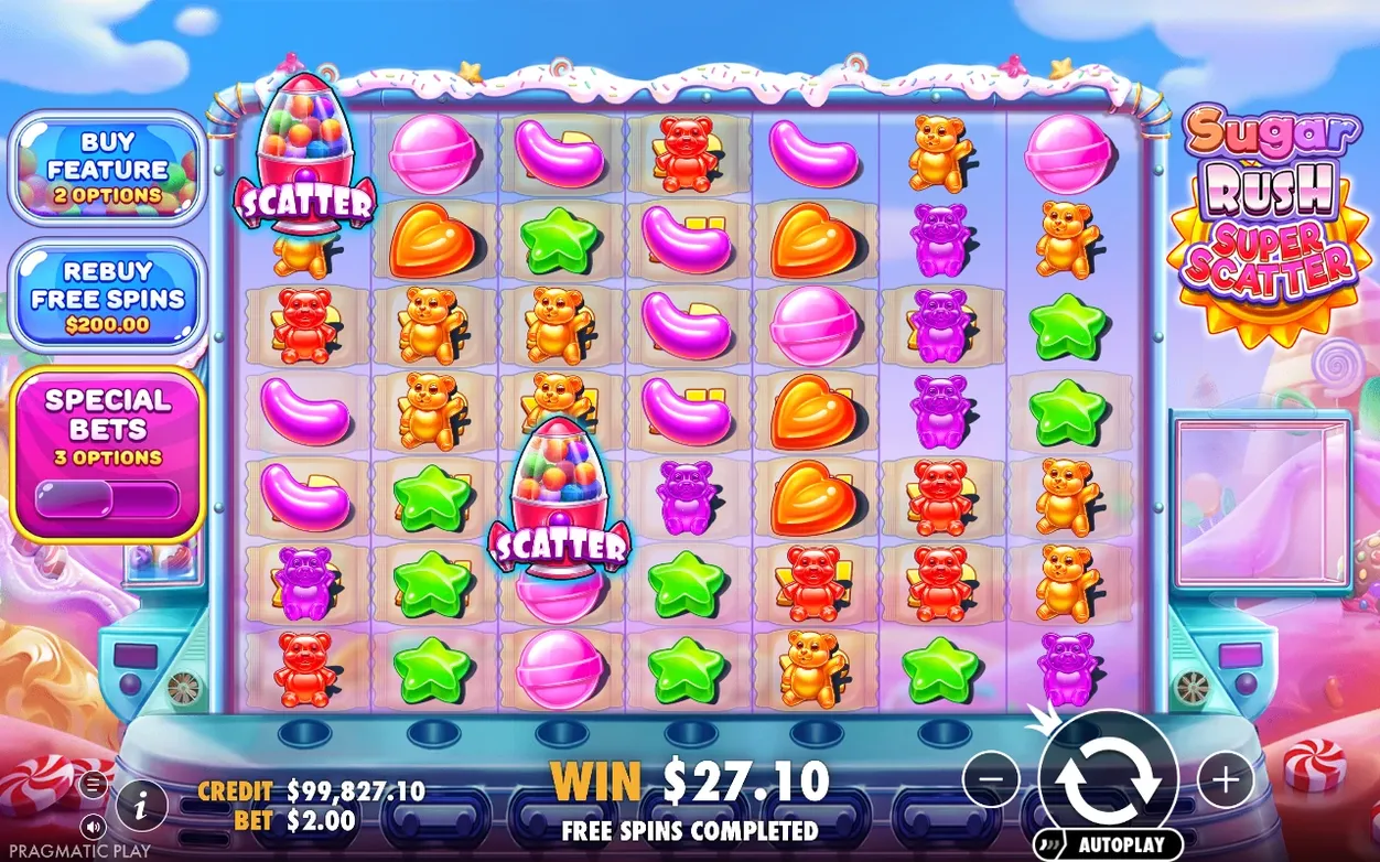 Freispielrunde beendet: Scatter-Raketen sichtbar, Gewinn 27,10 $, Rebuy-Button eingeblendet
