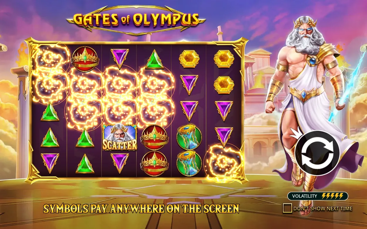 Zeus steht neben brennenden Walzen mit Scatter-Zeus-Karte, Goldtitel und Volatilität 5/5 Blitzen.