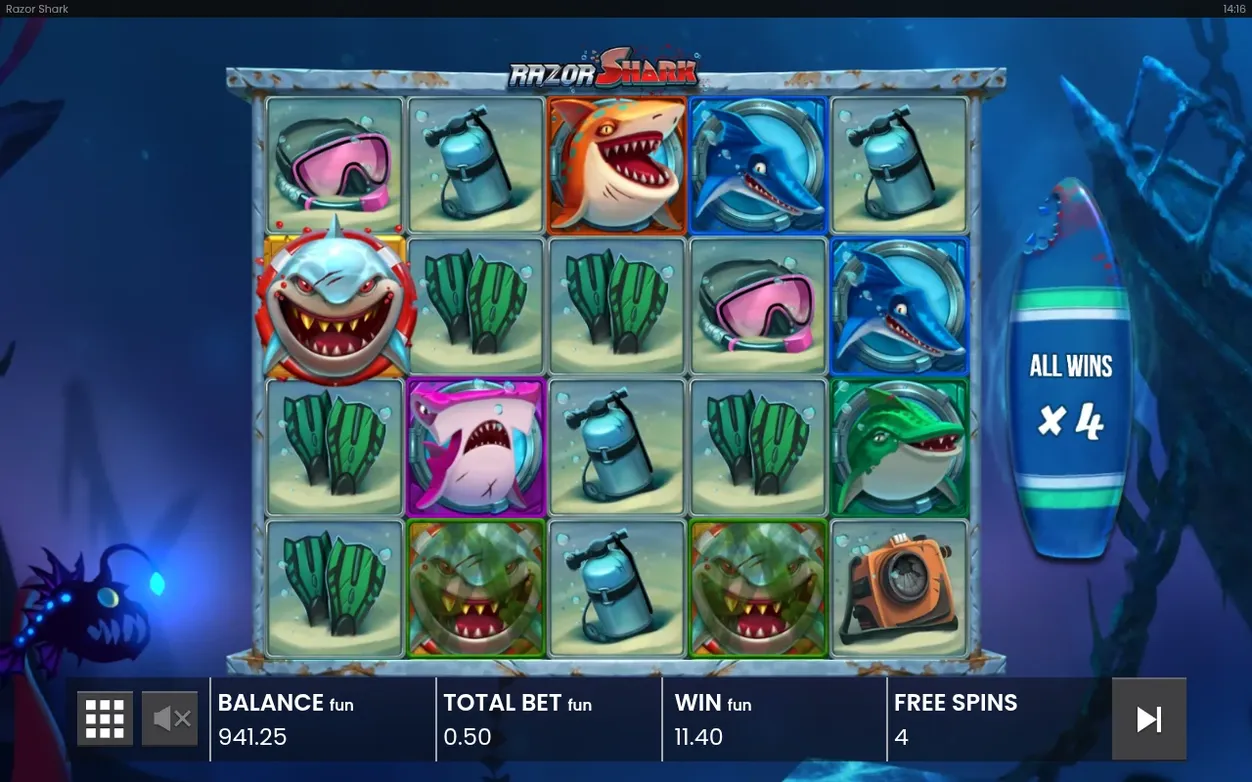 Freispielrunde zeigt ALL WINS x4, WIN 11.40 und grün getönte Hai-Symbole auf Walze 2 und 4.
