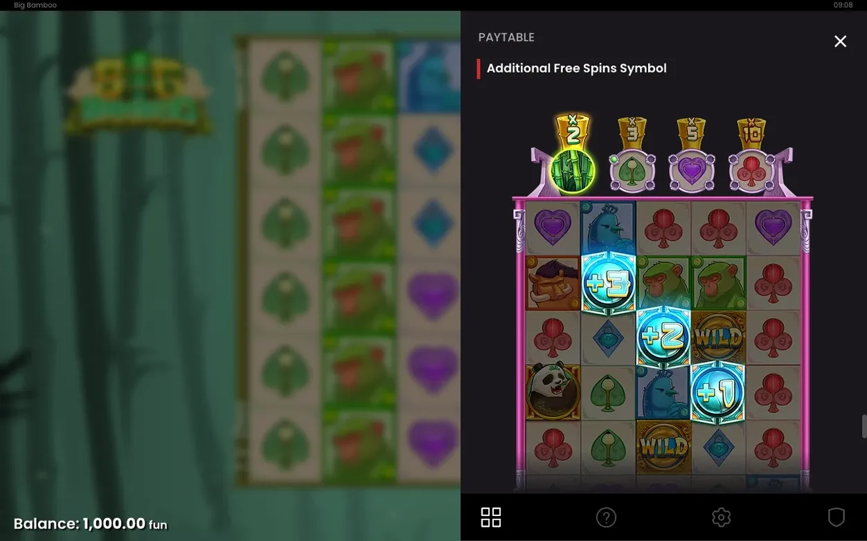 Paytable zu Zusatz-Freispiel-Symbolen: Multiplikatoren 2x, 3x, 5x, 10x über dem Spielfeld mit WILD.