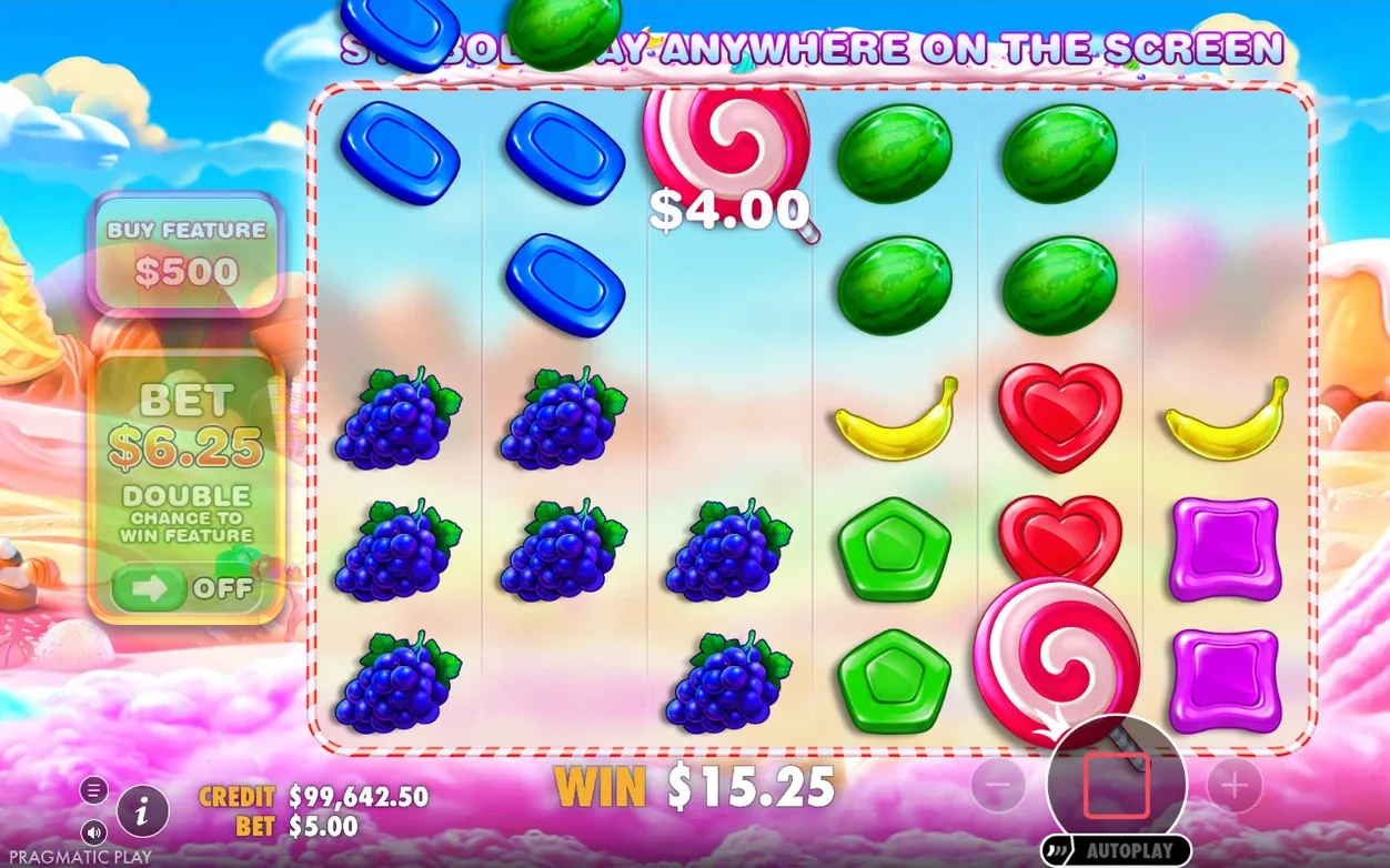 Grundspiel-Tumble: Lutscher-Gewinn 4,00 $, Gesamtgewinn 15,25 $, Ante Bet aktiv, Einsatz 6,25 $.