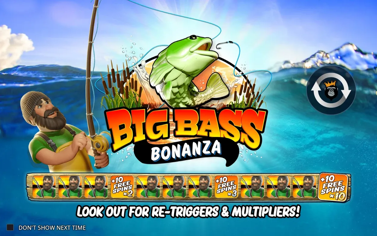 Ladebildschirm mit Angler, springendem Barsch und Big-Bass-Bonanza-Logo vor See- und Bergkulisse.
