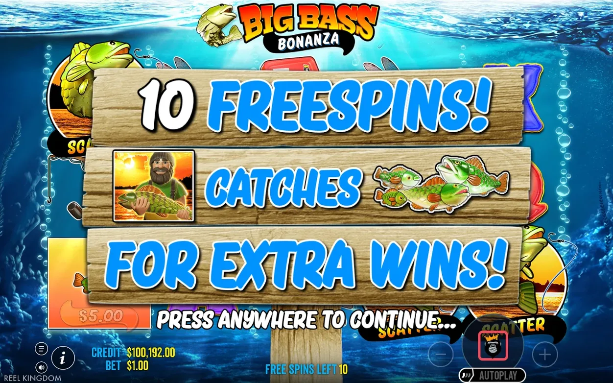 Freispiel-Intro verkündet 10 Freispiele, Angler-Wild fängt Fische für Extragewinne.