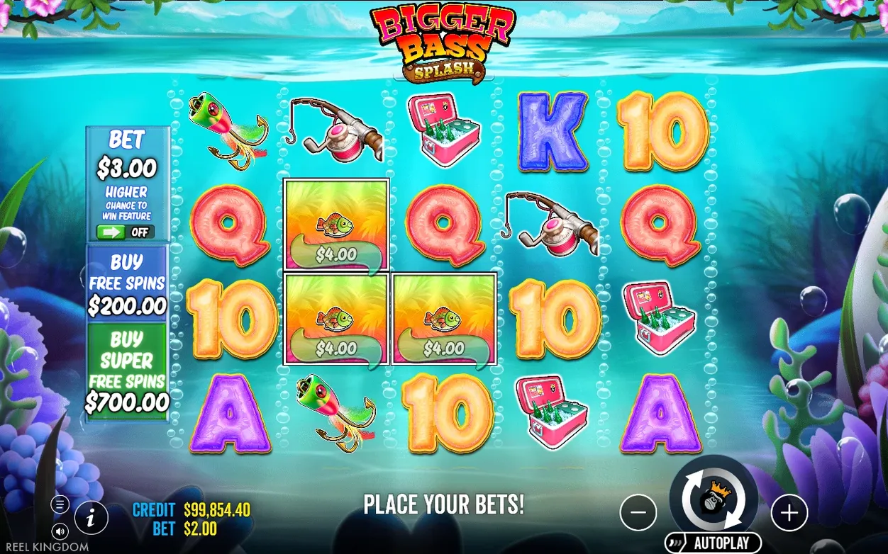 Grundspiel zeigt Köder, Angel, Kühlbox und Buchstaben, drei Geldfische mit je 4,00 $, Bet 2,00 $.