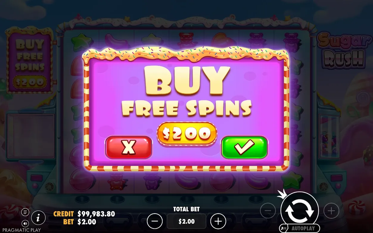 Kaufbestätigung für Freispiele: Preis $200, roter X-Button und grüner Haken-Button sichtbar.