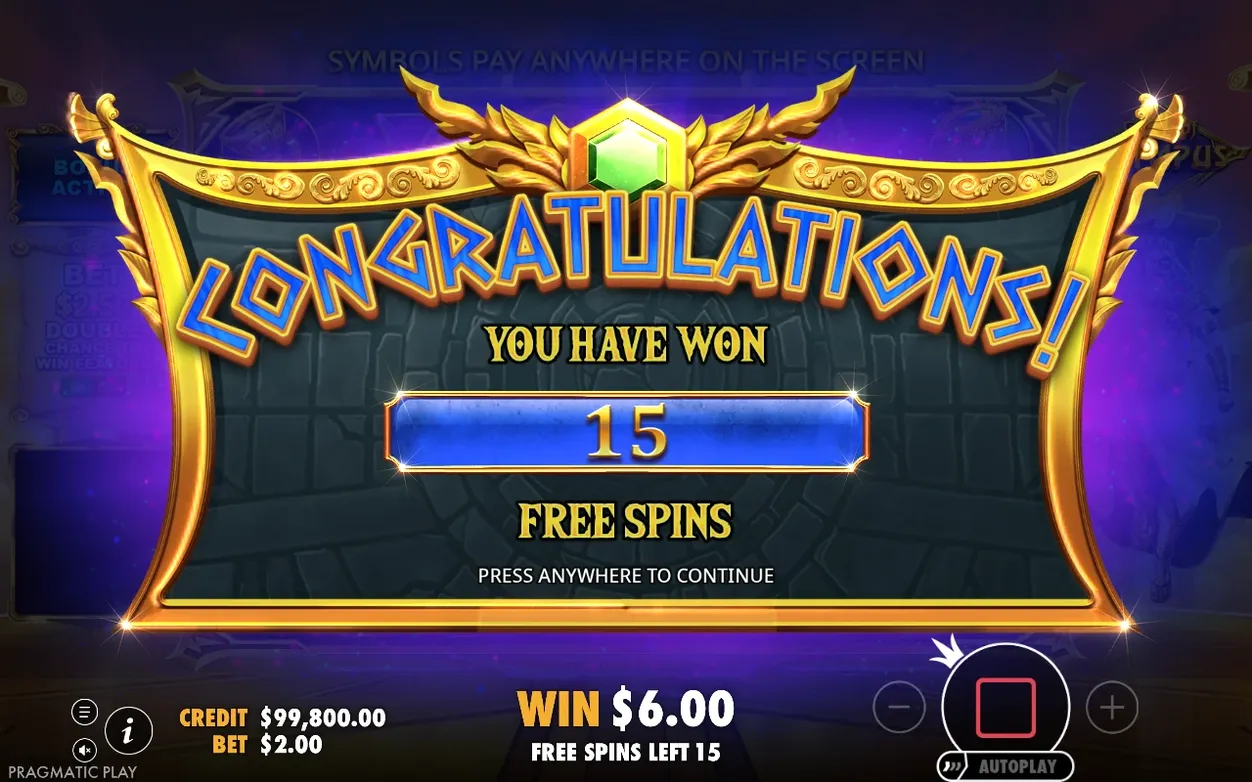 Glückwunsch-Bildschirm kündigt 15 gewonnene Freispiele an, Gewinn $6.00 aus dem Auslöse-Spin.
