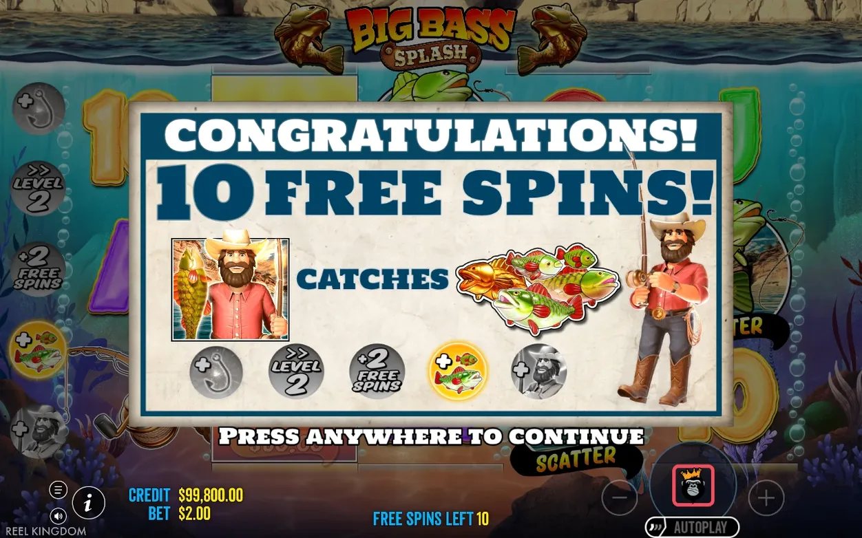 Ankündigung 10 FREE SPINS mit Fisch-Trophäe, fünf Modifikator-Icons, aktiver Fisch-Modifikator golden hervorgehoben.