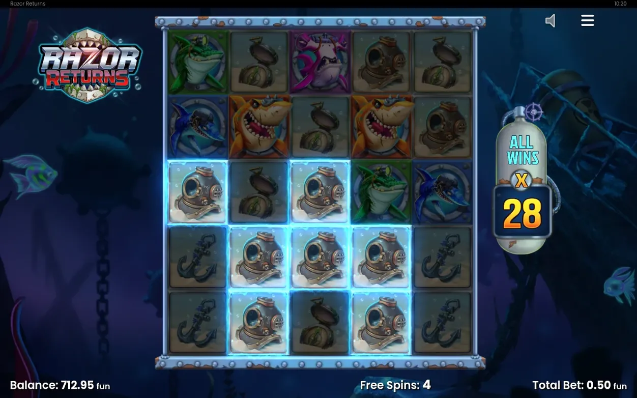 Freispiel-Walzen zeigen leuchtende Taucherhelm-Symbole, Multiplikator ALL WINS x28, Free Spins: 4, Bet 0,50 fun.