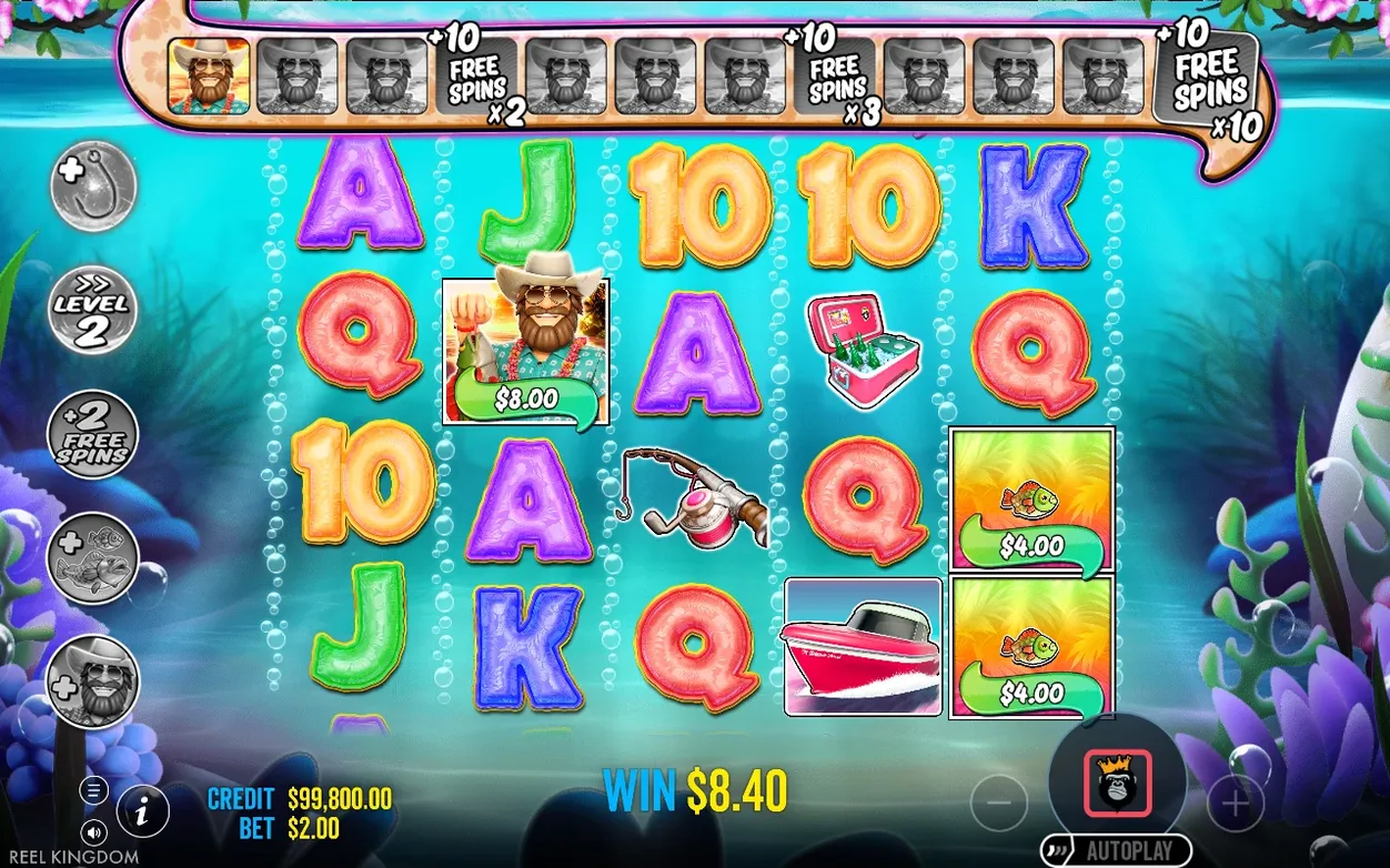 Freispielrunde zeigt Leiste mit +10-Freispiele-Marken (x2, x3), Fischer-Wild sammelt 8,00 $, Gewinn 8,40 $.