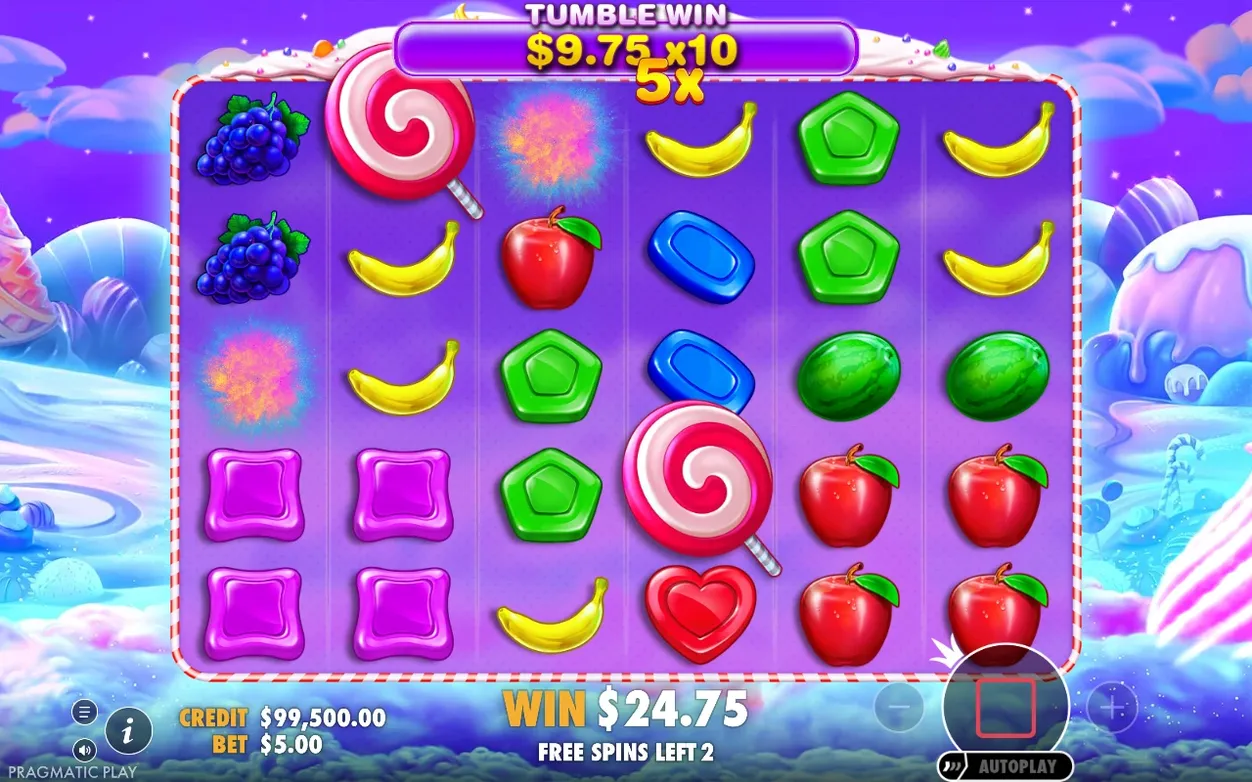 Tumble-Gewinn in Freispielrunde: 9,75 $ x10 plus 5x-Multiplikator, Gesamtgewinn 24,75 $, noch 2 Freispiele.