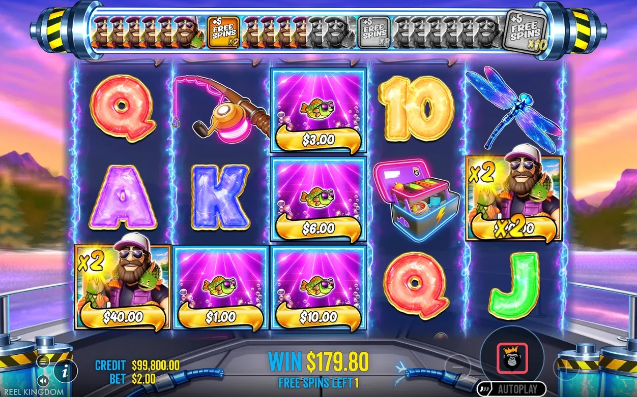 Free Spins zeigen Money-Symbole von $1 bis $40 und zwei x2-Fisherman-Wilds, Gewinn $179.80, 1 Freispiel übrig.