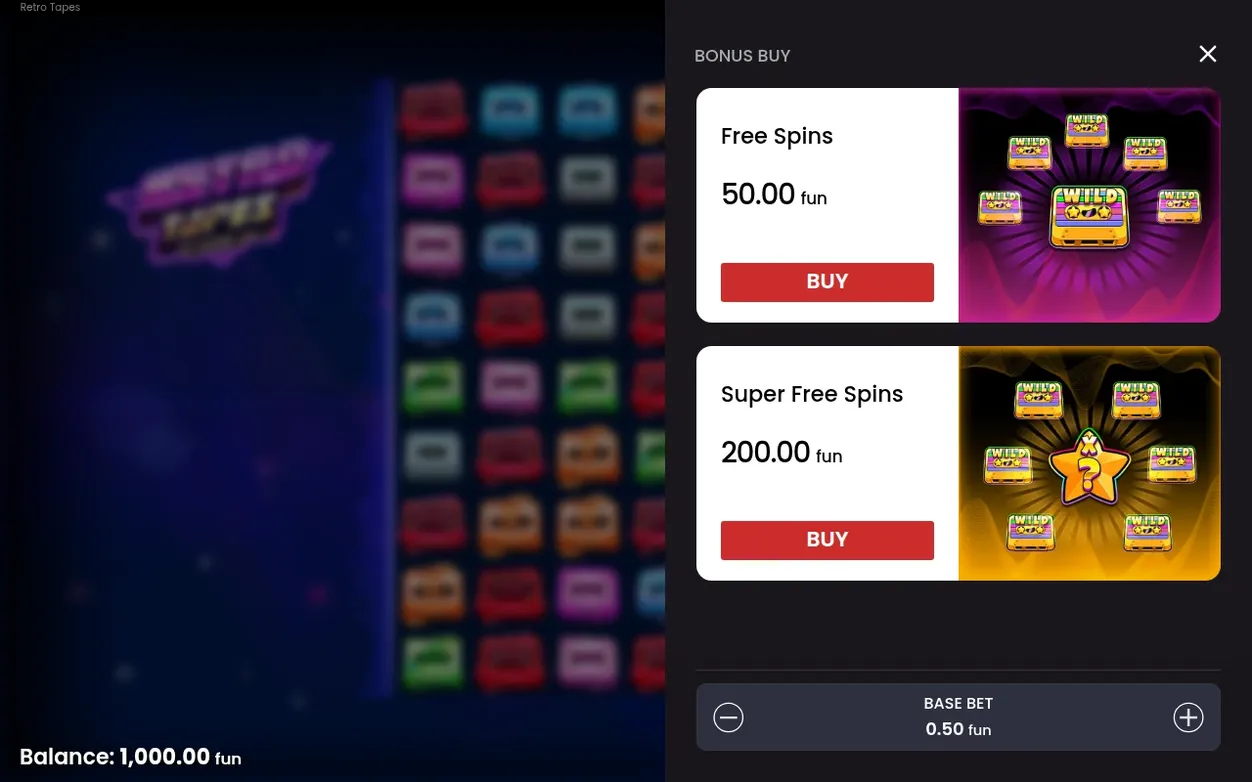Bonus-Buy-Menü mit Free Spins für 50.00 fun und Super Free Spins für 200.00 fun, Basiseinsatz 0.50 fun.